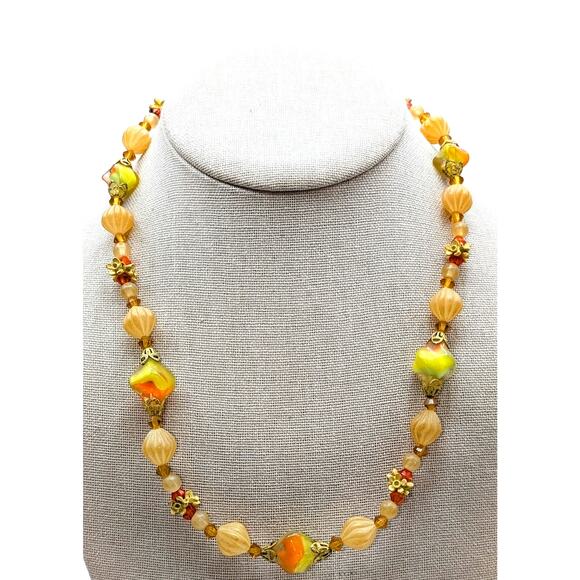 Vintage/Antique Yellow Orange Cream Glass Bead 18"  Necklace - Picture 1 of 7